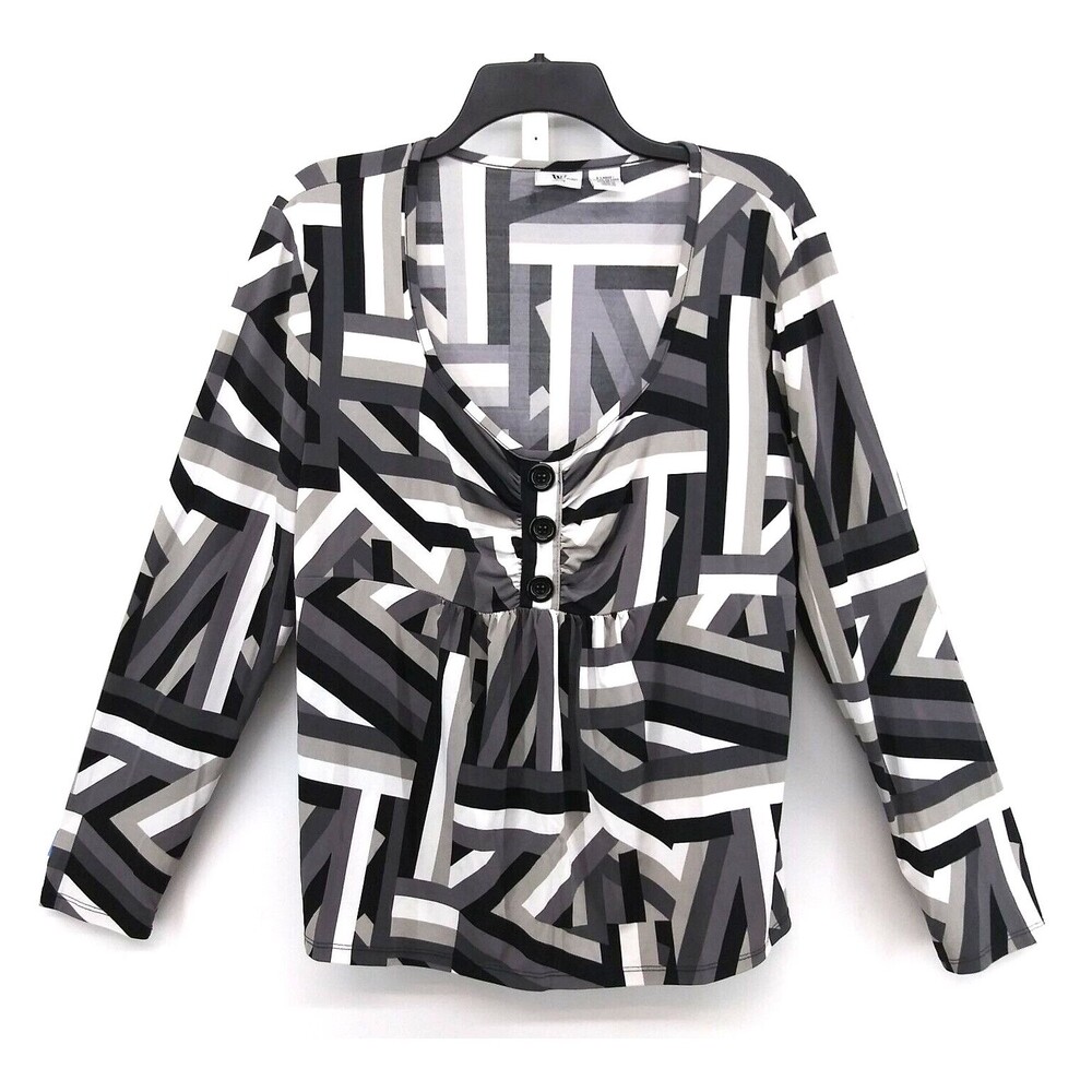 Worthington Blouse Womens Size XL Black White Geometric Long Sleeve V-Neck Top